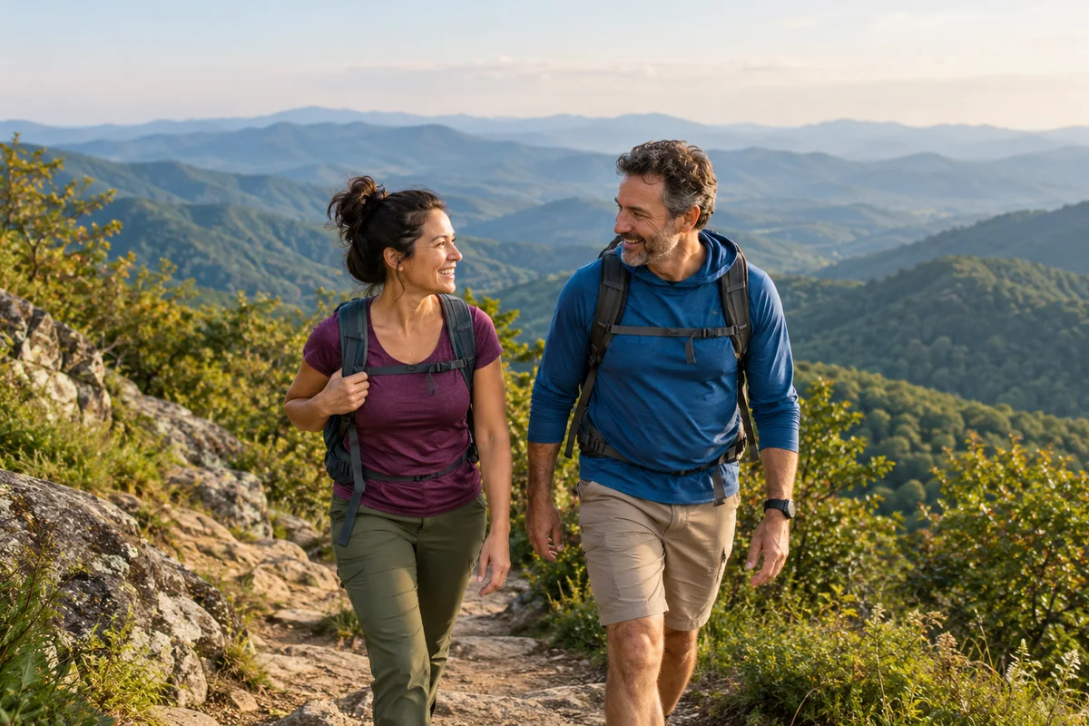 One adult man and one adult woman walking as friends on a gentle Blue Ridge overlook trail near Asheville, layered green mountain ridges in distance