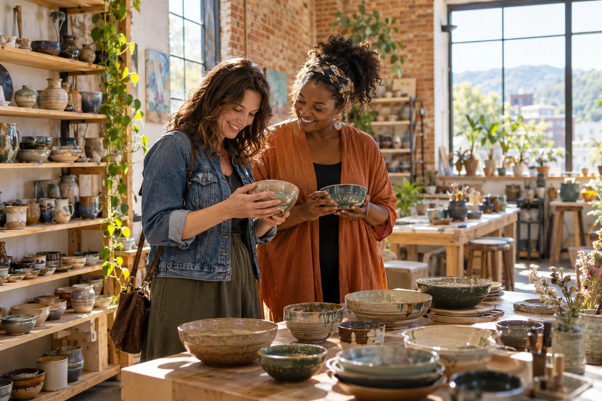 Two adult women looking at handmade ceramic bowls in an Asheville artist studio gallery, pottery shelves, sunlit brick and artist worktables