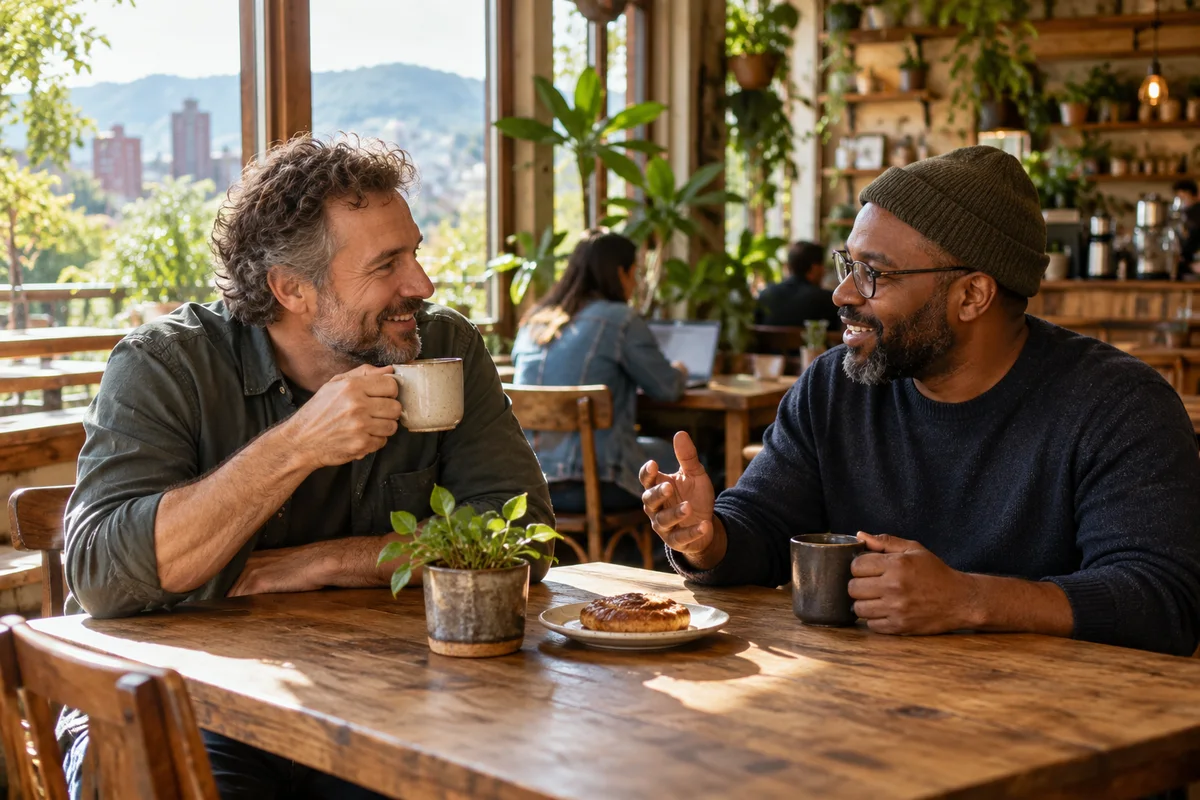 Two adult men chatting over coffee at an Asheville neighborhood cafe, warm reclaimed wood, plants and daylight