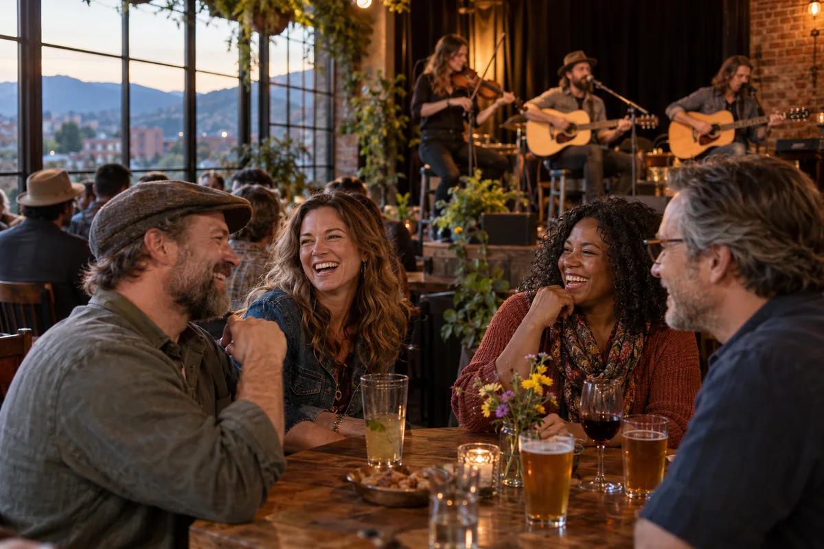 Four adult friends, two men and two women, enjoying an acoustic folk trio at a small Asheville venue, fiddle and guitar visible on stage behind them